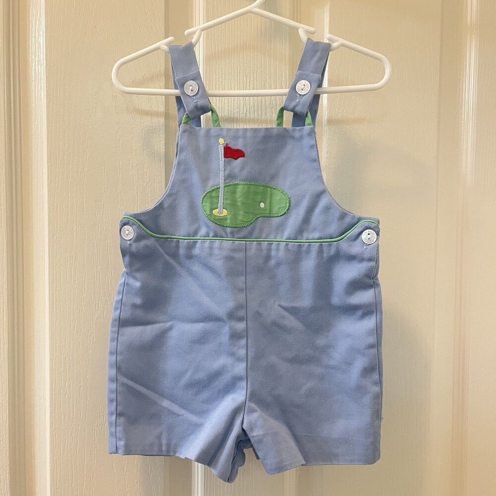 Little English Embroidered Golf Jon Jon Shortalls Romper Blue Boys SZ 12 Months